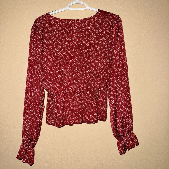 Floral red long-sleeve blouse with elastic waste and sleeves - Picture 5 of 8